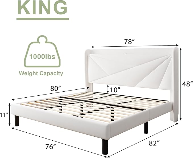 Feonase King Bed Frame with Charging Station, Velvet Upholstered Platform BedFrame with Wingback Storage Headboard, Solid Wood Slats Support, No Box Spring Needed, Noise Free, White