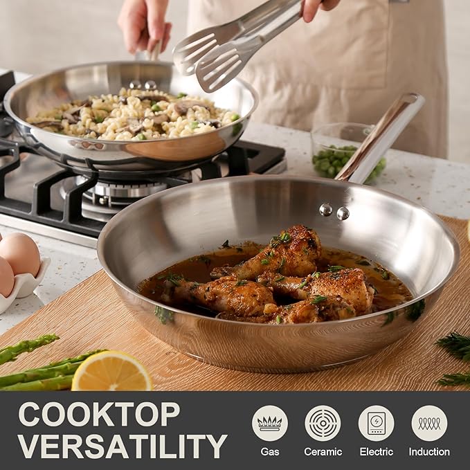 DELUXE Stainless Steel Frying Pan with Lid, 11-Inches Oil Gather Pro Skillet with 3-Ply Heavy Bottom, PFOA Free Frying Pot with Stay-Cool Handle Compatible with All Stoves, Dishwasher Oven safe