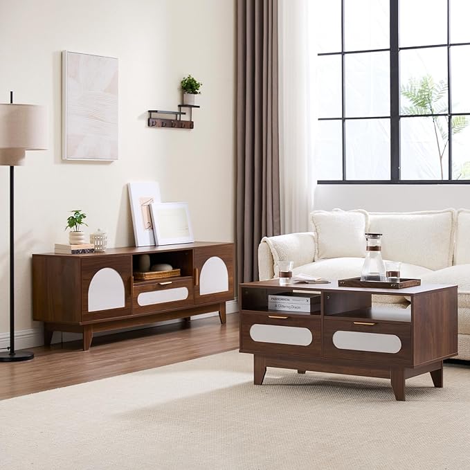 CANMOV 63" Mid Century Modern TV Stand for 60-70 inch TV, Entertainment Center with Storage & Drawer, Wooden Media TV Console for Living Room & Bedroom - Walnut