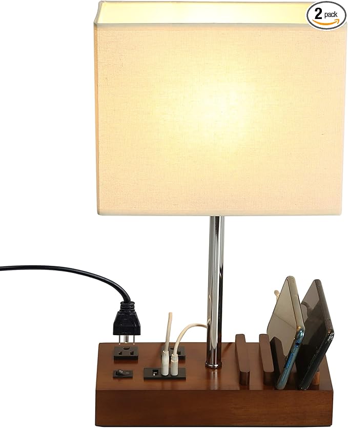 Briever USB Table Lamp, Multi-Functional Bedside Desk Lamp with 2 AC Outlets, 3 USB Charging Ports and Wooden Phone Stands, Modern Nightstand Lamp for Bedroom, Guest Room, Office