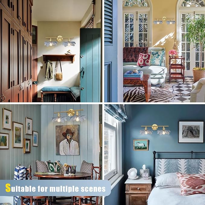 2 light bathroom vanity light gold brass wall sconce with Blue Flower Glass Shade mid century wall light vintage wall sconce art deco Bathroom Lights Over Mirror for Bedroom Hallway Living Room