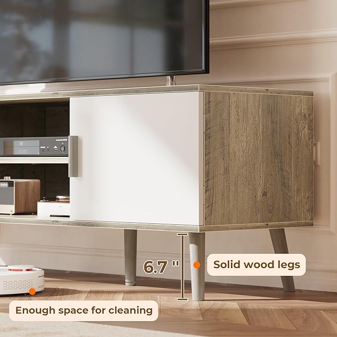 SUPERJARE TV Stand for 55 Inch TV, Entertainment Center with Adjustable Shelf, 2 Cabinets, TV Console Table, Media Console, Solid Wood Feet, Cord Holes, for Living Room, Bedroom, Gray and White