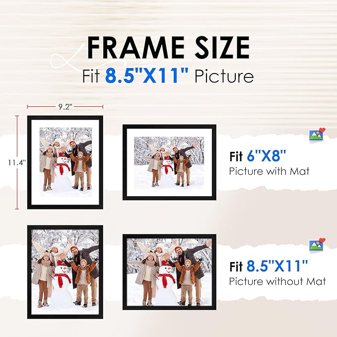 FIXSMITH 8.5x11 Picture Frame Set of 2, Photo Frame with HD Plexiglass, Display Pictures 6x8 with Mat or 8.5x11 Without Mat, Black Picture Frames Collage Wall Decor, Gallery Wall Frame