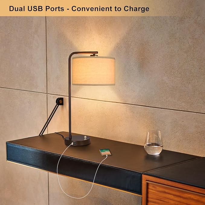 Table Lamps Set of 2, Fully Dimmable Bedside Lamp with USB C+A Charging Ports, Modern Nightstand Lamps with Linen Fabric Shades, Tall Desk Lamp for Bedroom, Living Room, Office, LED Bulb Included