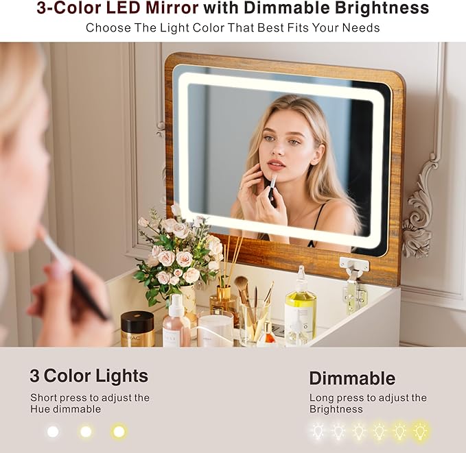 Lvifur 3 in 1 Vanity Desk with Flip Top Mirror and 3 Color Lights,Small Compact Vanity with Charging Station,Glass Top Makeup Vanity with 3 Drawers,Rolling Cushioned Stool