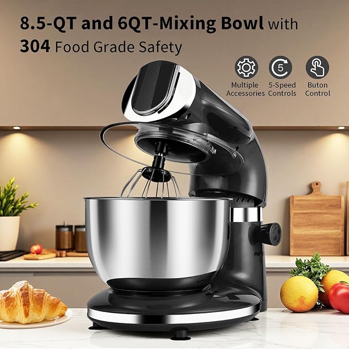 Aifeel Stand Mixer, 8.5QT+ 6QT Two Stainless Steel Bowls Electric Food Mixer, 7 in 1 Multifunctional Kitchen Mixer with Dough Hook, Whisk, Beater, Meat Grinder,Pasta & Cookie Maker-Black