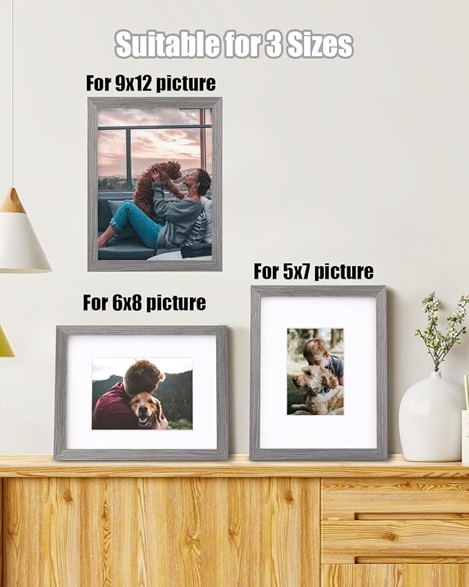 Egofine 9x12 Picture Frame Made of Solid Wood with Plexiglass, Display Pictures 5x7/6x8 with Mat or 9x12 Without Mat for Tabletop and Wall Mounting, Oak Grey