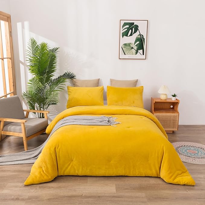 Cottonight Yellow Velvet Comforter Set Full Women Men Mustard Yellow Flannel Plush Fluffy Bedding Comforter Set Full Warm Heavyweight Winter Shearp Micromink Quilts Comforter Soft Comfy