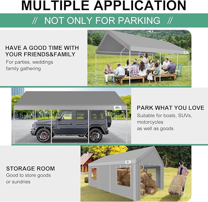 COBIZI Carport 12x20ft Heavy Duty Portable Garage, 2.0 Powder Coated Frame(Better Than Galvanized), Waterproof Shelter with Removable Sidewalls & Windows, Built-in Sandbags, for Car/Boat/SUV, Gray