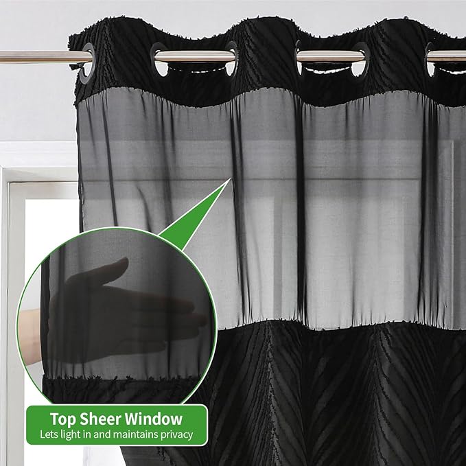 no Hook Shower Curtain and Liner Set，Boho Style with See Through Top Window, Black Fabric Tufted Striped Textured Outer Curtain & Waterproof Inner Liner, DarkBlack, 71Wx74H