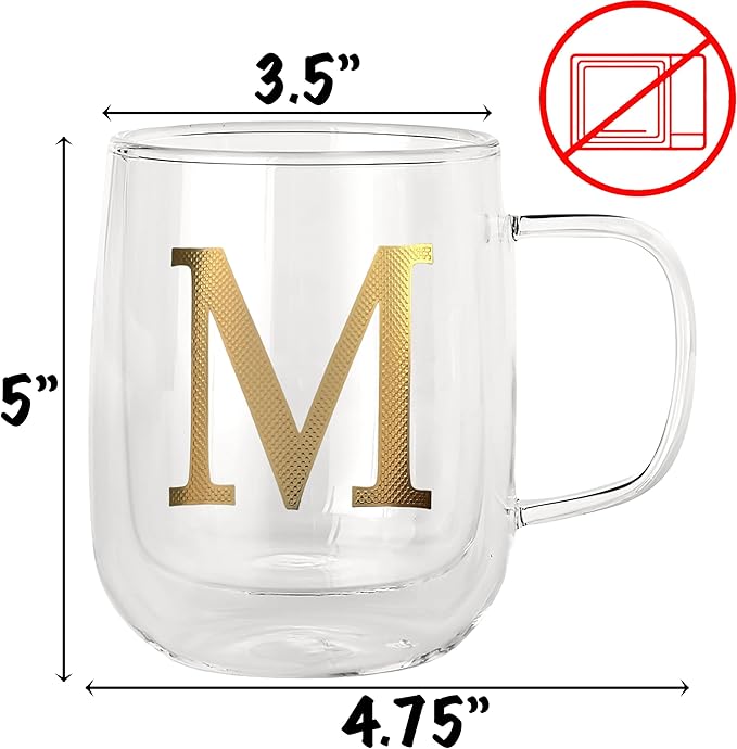 COLLECTIVE HOME - Double Walled Glass Coffee Mugs, Insulated Coffee Mug with Handle, Personalized Gifts for Women, Men, Christmas, 14 oz Monogram Cups (M)