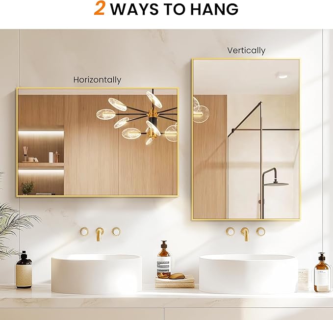 Bathroom Vanity Mirror for Wall, 36" x 24" Metal Framed Rectangular Bathroom Wall Mirror for Over Sink, HD Shatterproof Glass, Hangs Horizontally or Vertically(Gold)