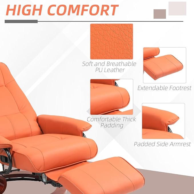 HOMCOM Faux Leather Manual Recliner, Adjustable Swivel Lounge Chair with Footrest, Armrest and Wrapped Wood Base for Living Room, Orange