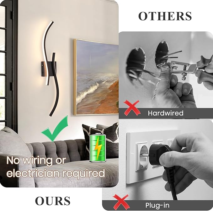 Battery Operated Wall Sconces Set of 2，Rechargeable Dimmable Battery Operated Wall Sconce with Remote Control，3000K-6500K LED Black Wireless Wall Light for Living Room Bedroom Hallway，31.5inch (Black)