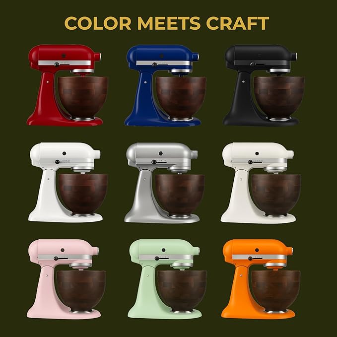 Premium Walnut Wood Mixing Bowl – 5 Quart – Compatible with 4.5 & 5 Qt Tilt-Head Models – Natural True Walnut Wooden Bowl with Stainless Steel Locking Base