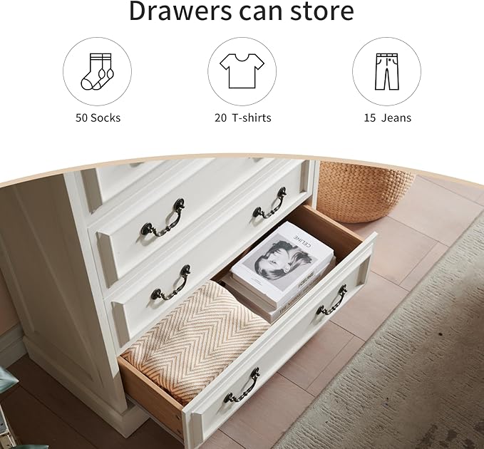 Farmhouse 5 Drawers Dresser for Bedroom, 46" Tall Modern Chest of Drawers with Metal Handle, Rustic Dresser TV Stand, Wood Drawer Organizer for Bedroom, Living Room, Hallway (White)