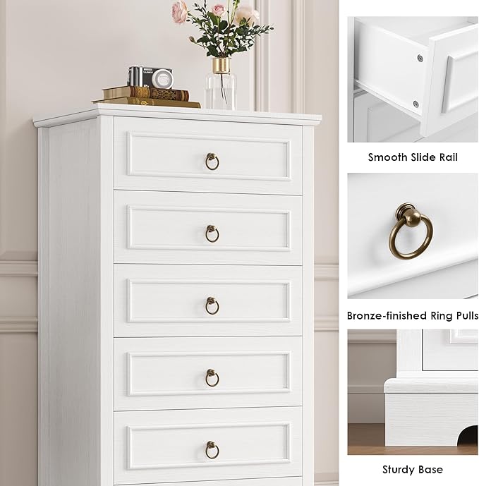 HOSTACK 6 Drawer White Dresser for Bedroom, 52" Tall Dresser, Modern Farmhouse Vertical Chest of Drawers for Bedroom, Wooden Closet Chest, Wood Storage Cabinet for Living Room, Hallway, Entryway