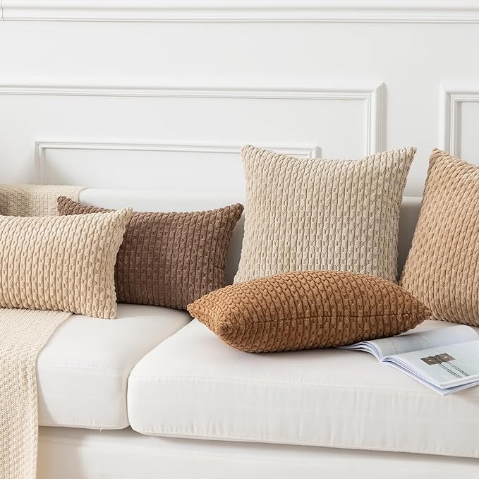 Kevin Textile Throw Pillow Covers Soft Corduroy Decorative Set of 2 Boho Striped Pillow Covers Pillowcases Farmhouse Home Decor for Couch Bed Sofa Living Room 24x24 Inch Beige