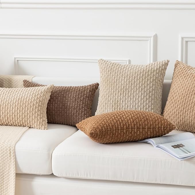 Kevin Textile Throw Pillow Covers Soft Corduroy Decorative Set of 2 Boho Striped Pillow Covers Pillowcases Farmhouse Home Decor for Couch Bed Sofa Living Room 20x20 Inch Beige