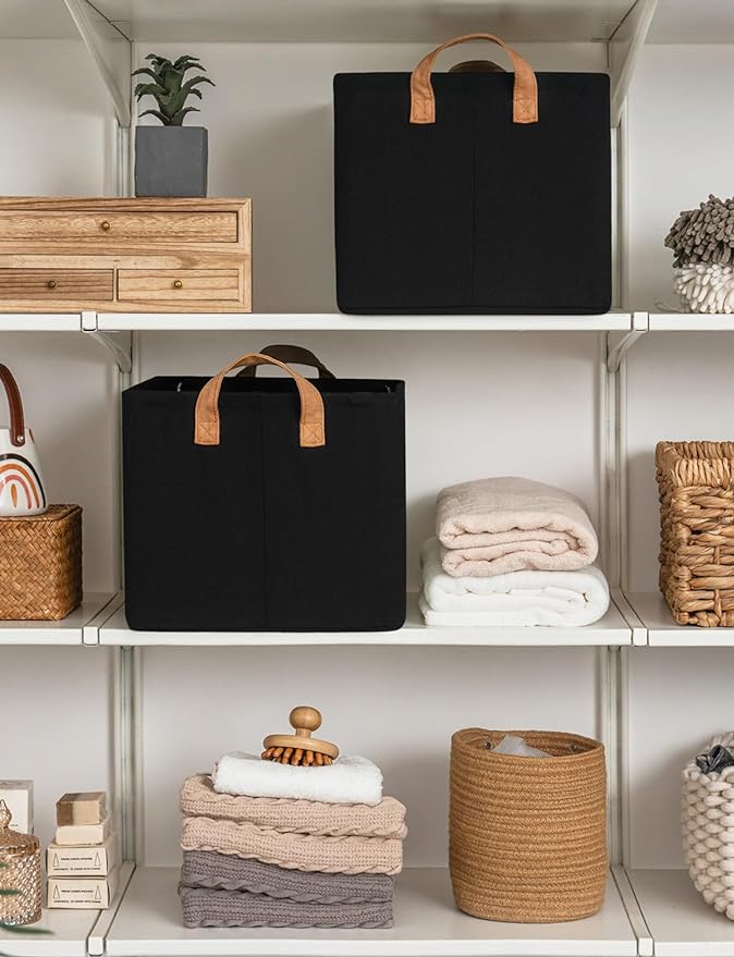 StorageWorks Storage Bins, Fabric Storage Bins for Shelves, Large Storage Baskets with Metal Frame, Closet Baskets and Bins with Handles, Black, 2-Pack