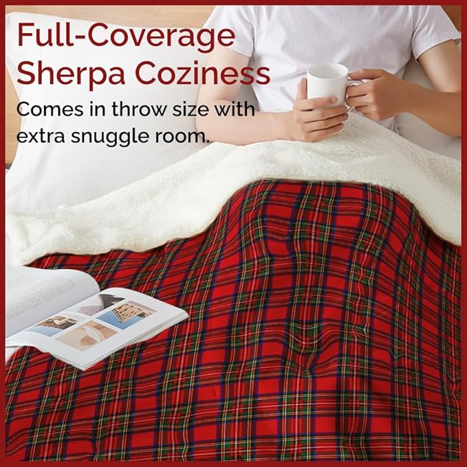 Christmas Sherpa Blanket Throw Size - Reversible Sherpa Fleece Blanket - Super Soft Double Sided Throw for Bed, Sofa, Couch - Thick, Warm, Cozy & Plush - Xmas Winter Bedding - Christmas Tartan, 50x60