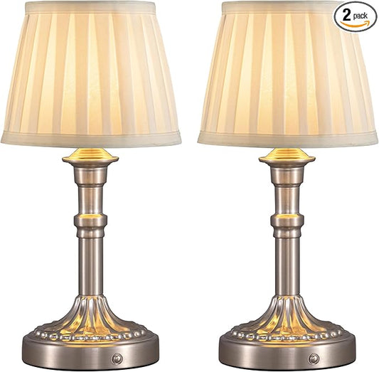 KDG Cordless Portables Table Lamp Set of 2, LED Fabric Shade Small Desk Lamps, 5000mAh Battery Powered Lighting, 2700K Stepless Dimmable Light for Living Room, Dining Room, Bedroom, Bedside (Nickel)