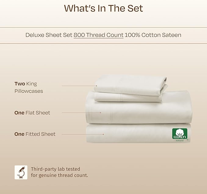 California Design Den Luxury King Bed Sheets - Buttery Soft 800 Thread Count Sateen, 100% Cotton Bed Sheets Set - Beats Fake Egyptian Claims, Deep Pockets, Durable Bedding Set (Creamy Ivory)