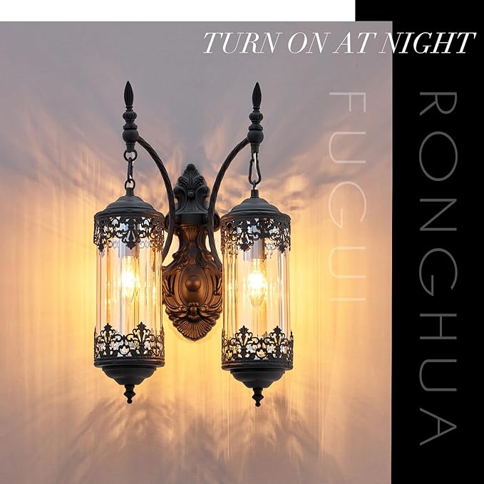 Rustic Wall Sconce with Amber Glass Vintage 2-Lights Antique Gothic Wall Light Fixture Retro Farmhouse Mid Centry Lantern Wall Sconce for Bedroom, Living Room, Mirror, Black, E12