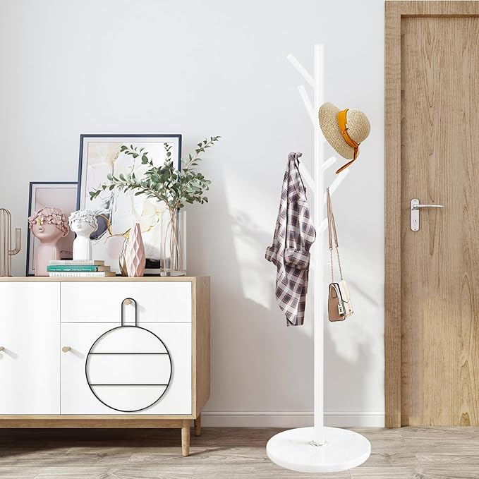 Coat Rack Stand with Natural Marble Base, Metal Coat Rack Freestanding, Modern Coat Racks, Heavy Duty Standing Coat Tree Hanger for Jacket, Bag, Entryway, Office