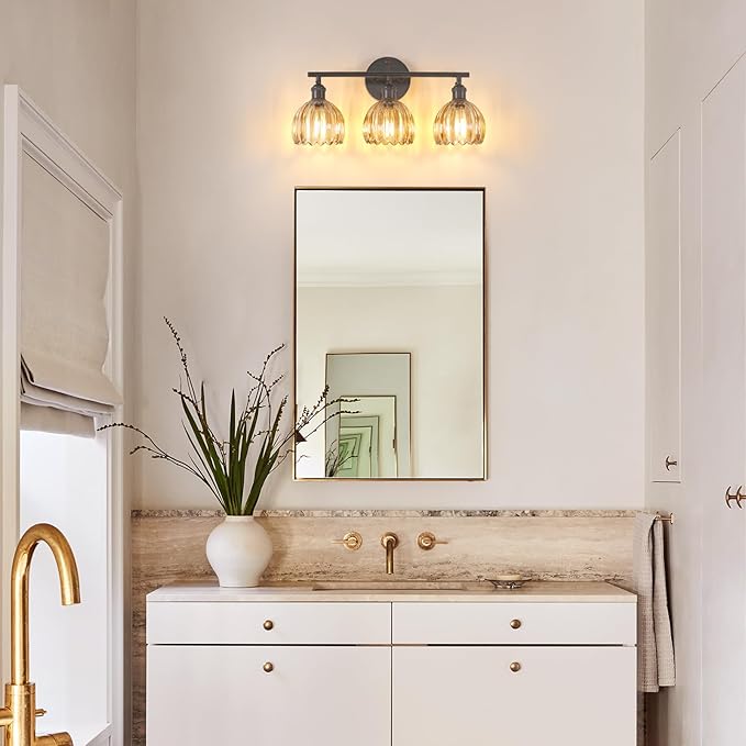 Bathroom Light Fixtures, 3-Light Black Vanity Wall Light Over Mirror with Amber Tulip Glass Shade for Bedroom Living Room