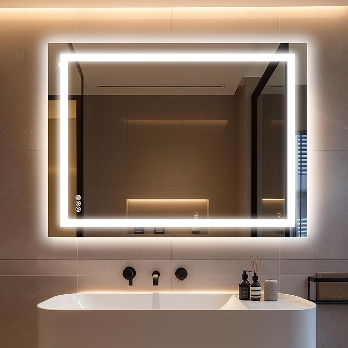Antok 24"x 32" LED Bathroom Mirror with Lights, Anti-Fog, Dimmable, Lighted Vanity Mirror with Tempered Glass, Memory Function, 3 Light Modes, Safe Use, Horizontal, Vertical
