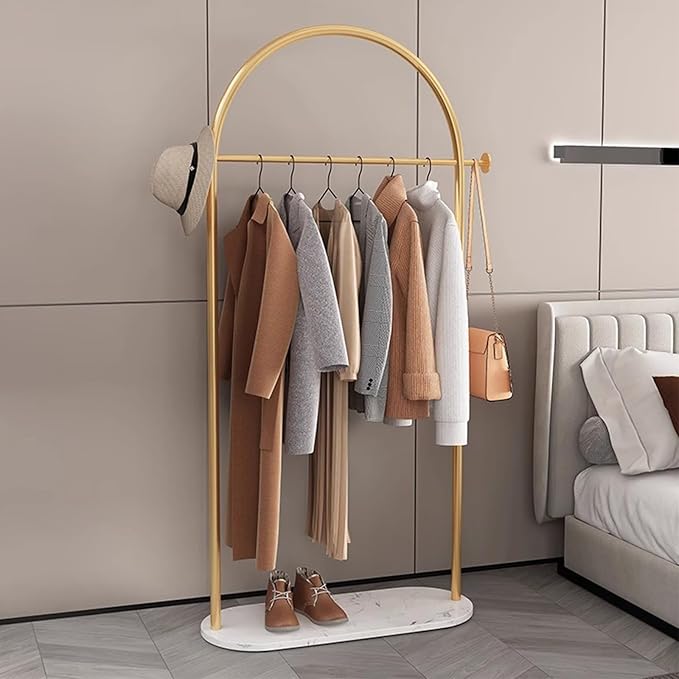 Gold clothing rack with Marble base. metal clothes racks for hanging clothes,heavy duty garment rack,Freestanding Coat Rack with 2 Hooks,for Bedroom, Bathroom, Living Room easy to assemble