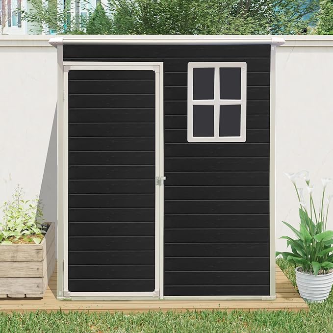 5x3 FT Outdoor Storage Resin Shed with Floor, Waterproof Plastic Garden Tool Shed with Windows, Vents & Lockable Door and Sloped Roof, Easy to Assemble Bike Shed for Patio, Backyard, Lawn, Black