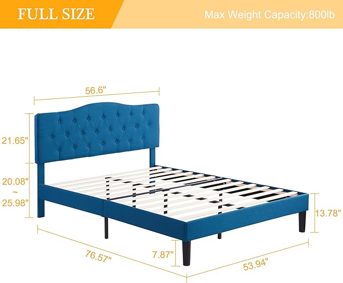 VECELO Full Size Platform Bed Frame with Fabric Upholstered Headboard and Wooden Slats Support, No Box Spring Needed/Easy Assembly,Blue