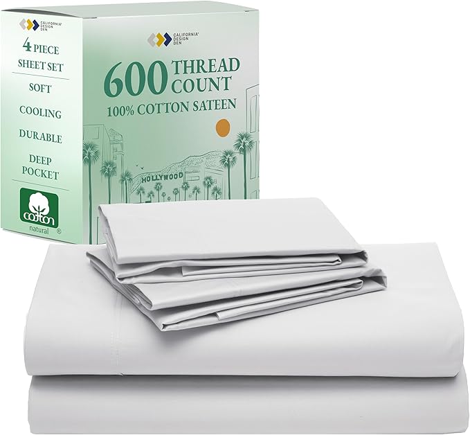 California Design Den King Size Bed Sheets Set - Luxury 600 Thread Count Sateen, Natural 100% Cotton Deep Pocket King Sheet Set, Fully Elasticized, Cool & Durable Hotel Quality Bedding - Light Silver