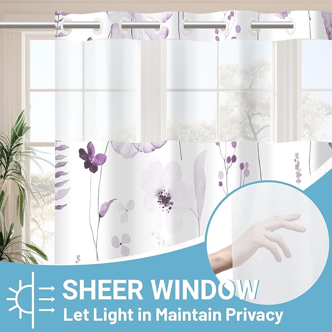 No Hook Shower Curtain with Snap in Liner - Floral Shower Curtain - Fabric Waterproof Inner Liner, Plants Watercolor Plum Modern Cloth Shower Curtains - Machine Washable, 71 x 74