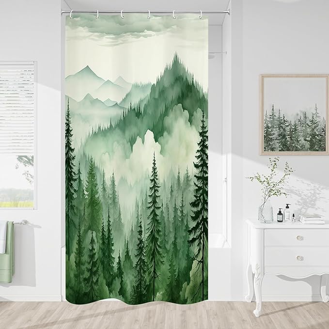 Green Small Stall Misty Pine Forest Shower Curtain 36 x 72, Mountain Foggy Woodland Scenery Tree Narrow Half Size Shower Curtains for Bathroom, Abstract Waterproof Nature-Themed Decor