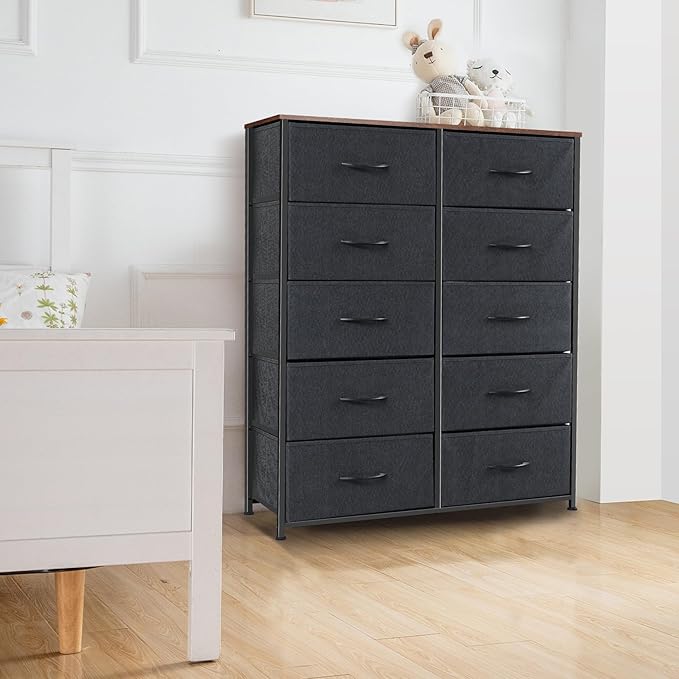 Dresser for Bedroom with 10 Drawers, Chest of Drawers, Storage Drawers Organizer Unit, Black Wide Fabric Dresser with Fabric Bins for Closet, Living Room, Entryway (Black and Rustic Brown)
