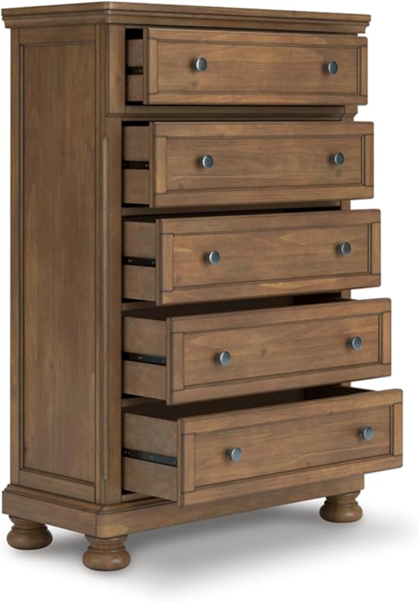 Signature Design by Ashley Glarrison Farmhouse 5-Drawer Chest with Felt-Lined Top Drawer and Easy Glide for Bedroom, Light Brown