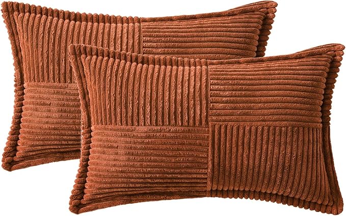 MIULEE Dark Rust Fall Decorative Lumbar Throw Pillow Covers for Couch Bed Livingroom 12x20 Inch Set of 2 Boho Accent Throw Pllows Broadside Striped Patchwork Soft Corduroy Pillowcases