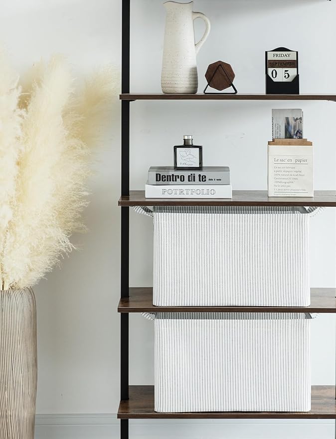 StorageWorks Storage Bins, Fabric Storage Bins for Shelves, Extra Large Storage Baskets with Metal Frame, Closet Baskets and Bins with Handles, Jumbo, Gray and White Stripes, 2-Pack