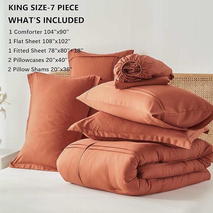 Yogeneg King Size Comforter Set 7 Piece Bed in a Bag,Grid Pinch Pleat Terracotta Bedding Set,Striped Textured Soft Microfiber Comforter with Sheet Set,All Season Complete Bed Set(Terracotta,King)