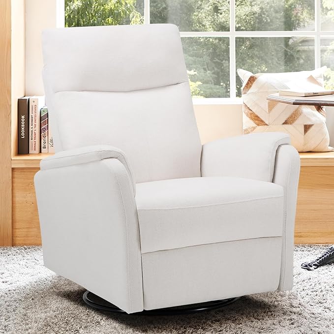 COLAMY Swivel Rocking Recliner Chair, Nursery Rocker Glider Recliner with Extra Large Footrest, Deep Seat, High Back, Upholstered Fabric Reclining Single Sofa for Living Room-White