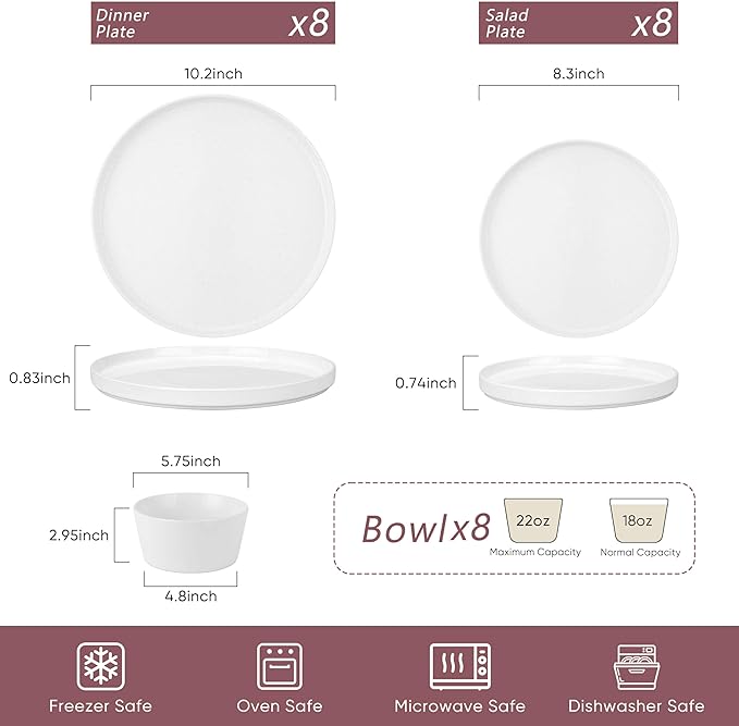 Herogo 24 Pieces Dinnerware Dishes Set for 8, Handmade Stoneware Dining Plates and Bowls Sets, Double Reactive Glaze, Microwave & Dishwasher Safe, Scratch Resistant, Pearl White