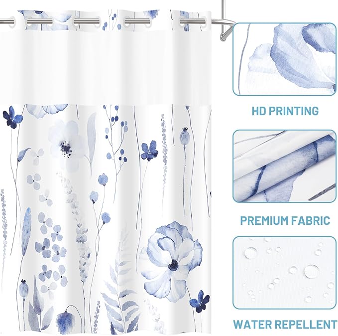 No Hook Shower Curtain with Snap in Liner - Floral Shower Curtain - Fabric Waterproof Inner Liner, Plants Watercolor Navy Modern Cloth Shower Curtains - Machine Washable, 71 x 74