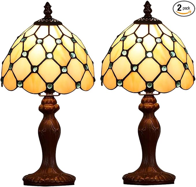Tiffany Small Table Lamp for Living Room Blue Beads Stained Glass Bedside Nightstand Table Lamps for Bedroom Set of 2,3-Color Temperatures 8X8X15 Inch Hotel Home Office Desk Lamps