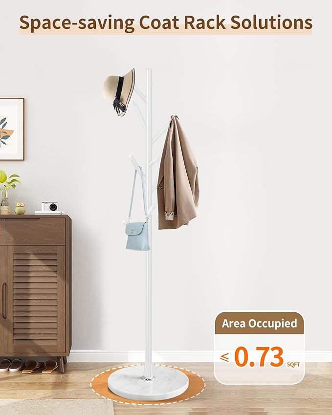 EZIVIEZ Modern Coat Rack Stand, Metal Freestanding Coat Rack with Natural Marble Base, White Coat Racks with 8 Hooks and Coat Hanger Tree Jacket Stand for Office, Entryway, Hallway