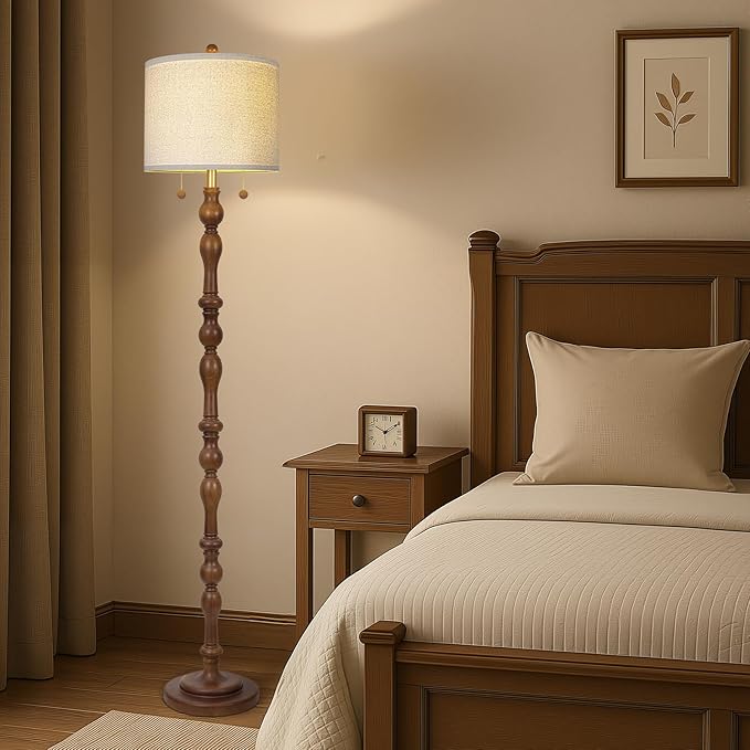 65.5" Natural Real Wood Floor Lamp with S Cluster Pull Chains Dual Switch,Wood Base Standing Lamp,Rustic Tall Lamp with Linen Shade,Farmhouse Floor Lamp for Living Room,Bedroom,Office(Bulb Included)