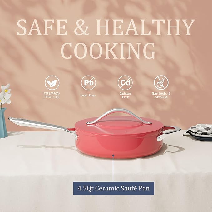 Nonstick Ceramic Sauté Pan with Lid (4.5 qt, 11"), Deep Frying Pan for All Cooktops - Non Toxic, PTFE/PFAS Free, Dishwasher & Oven Safe up to 500°F - with Stay Cool Handle - Fusion Red