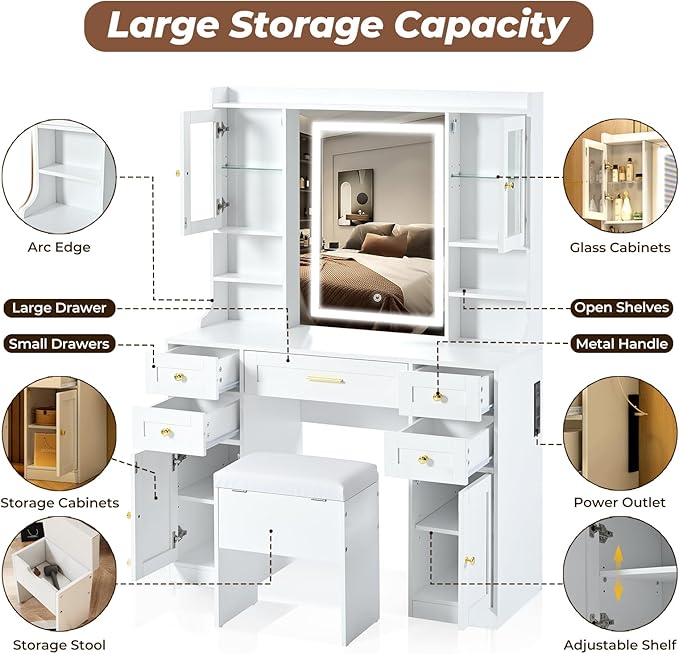 Saiveina 41.4" Makeup Vanity Desk with Mirror and Lights, Dressing Table with 4 Cabinets, 5 Drawers, Power Outlets and Cushioned Storage Stool, 3 Lighting Modes Vanity Table for Bedroom(White)